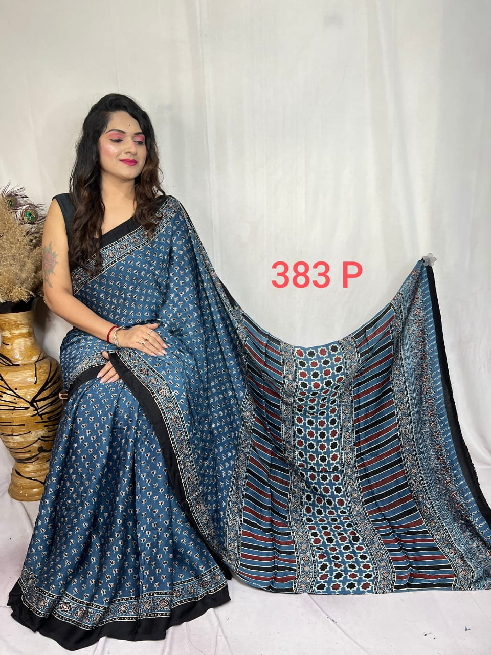Indigo Blue Ajrakh Hand Block Print Modal Silk Saree.