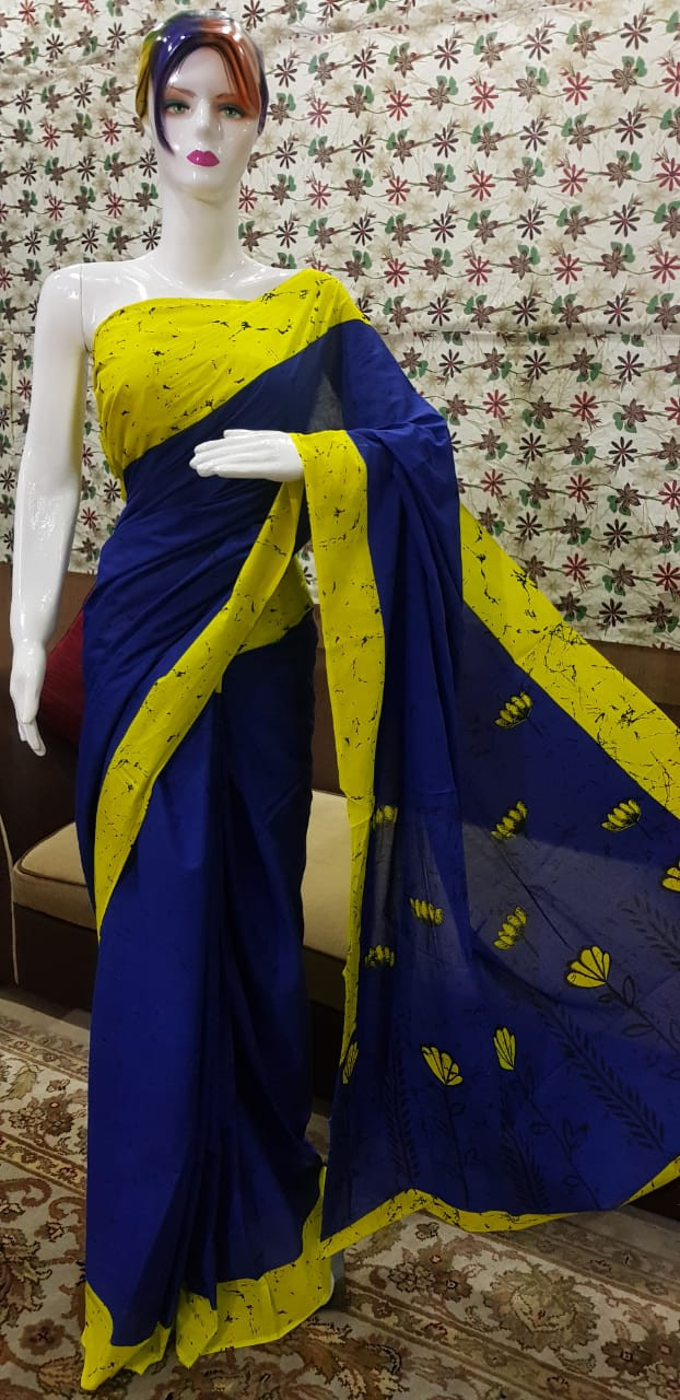 Royal Blue and Lemon Yellow Batik Cotton Saree with Floral Vine Motifs.