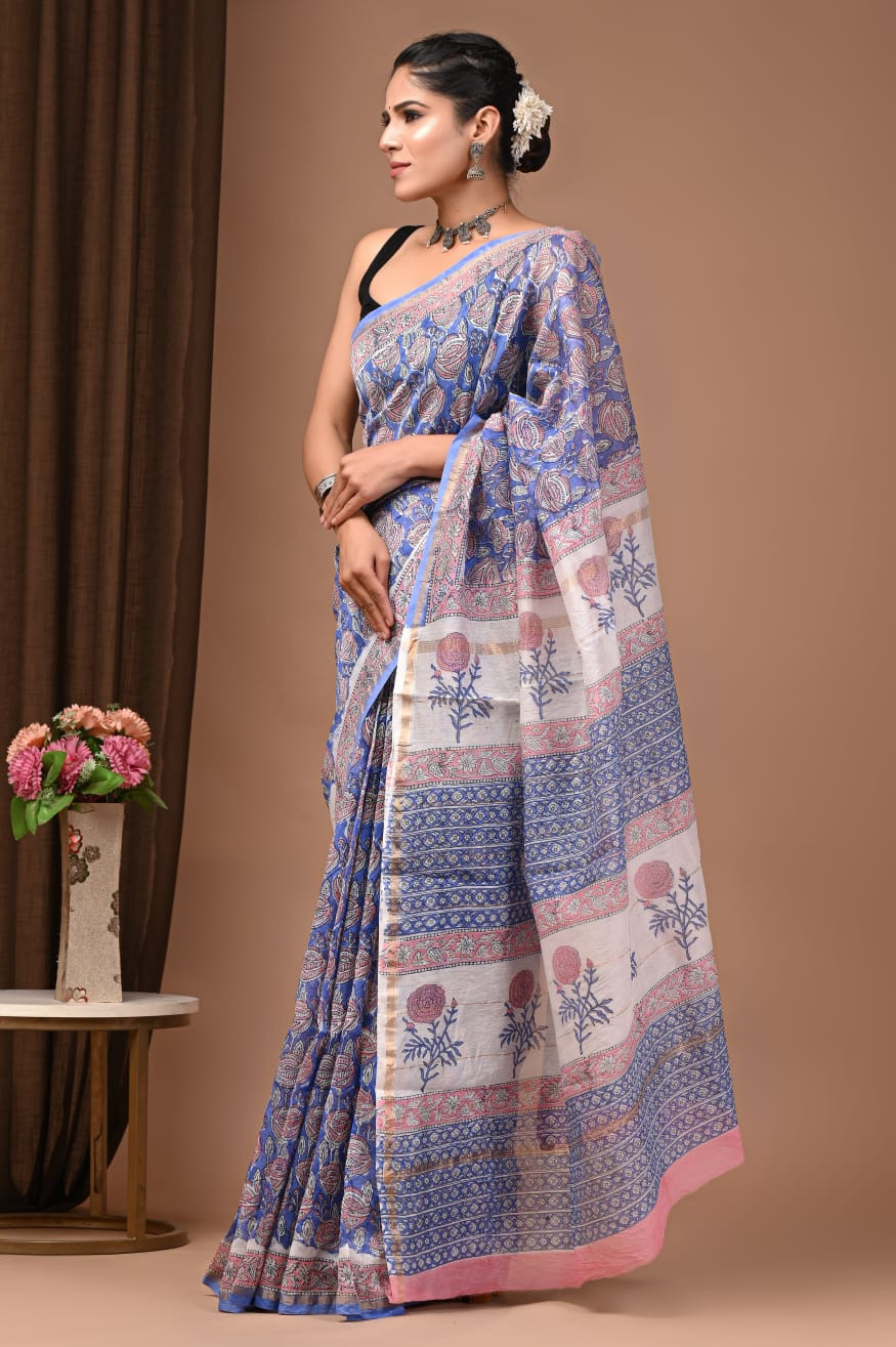"Azure Bloom" Hand Block Printed Chanderi Silk Saree with Blouse Piece
