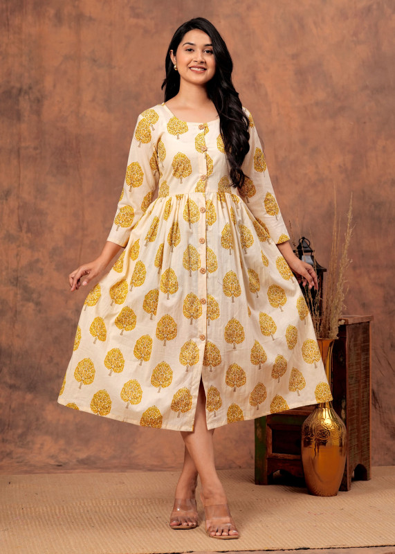 Yellow & gold print color Handblock Printed Pure Cotton Flared  one piece dress (Multiple Colors)
