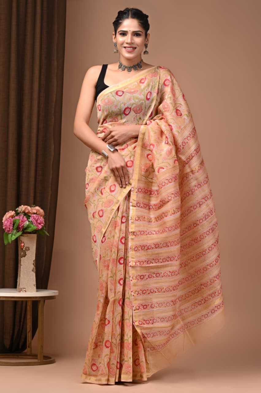 Summer Blush: Hand-Block Printed Maheshwari Silk-Cotton Saree in Peach Pink & Black