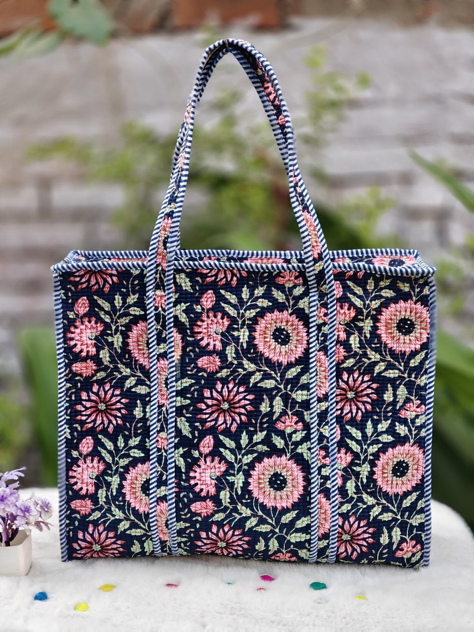 Indigo Bloom Quilted Cotton Tote Bag