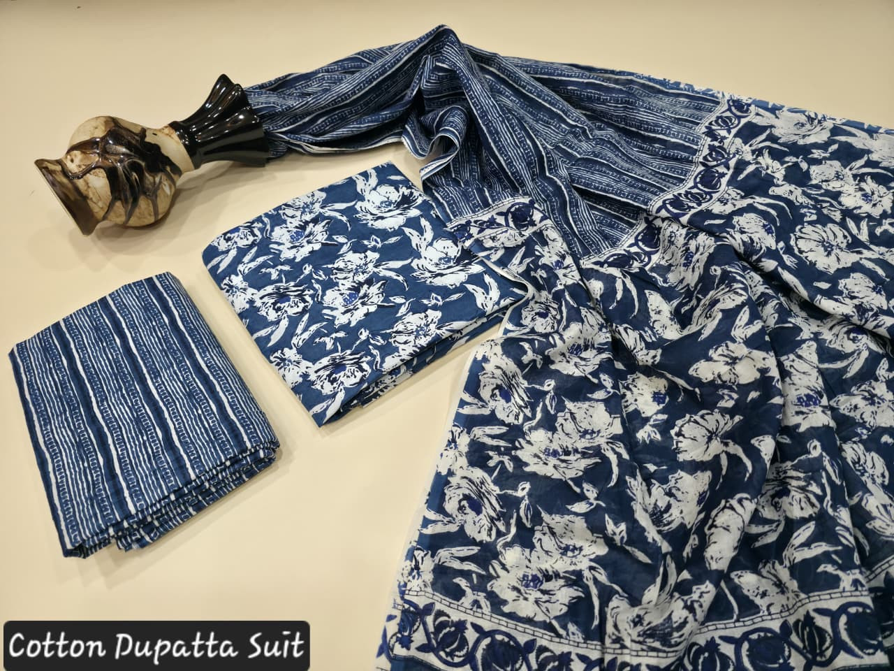 Navy Blue and White Hand Block Printed Cotton Dupatta Suit.
