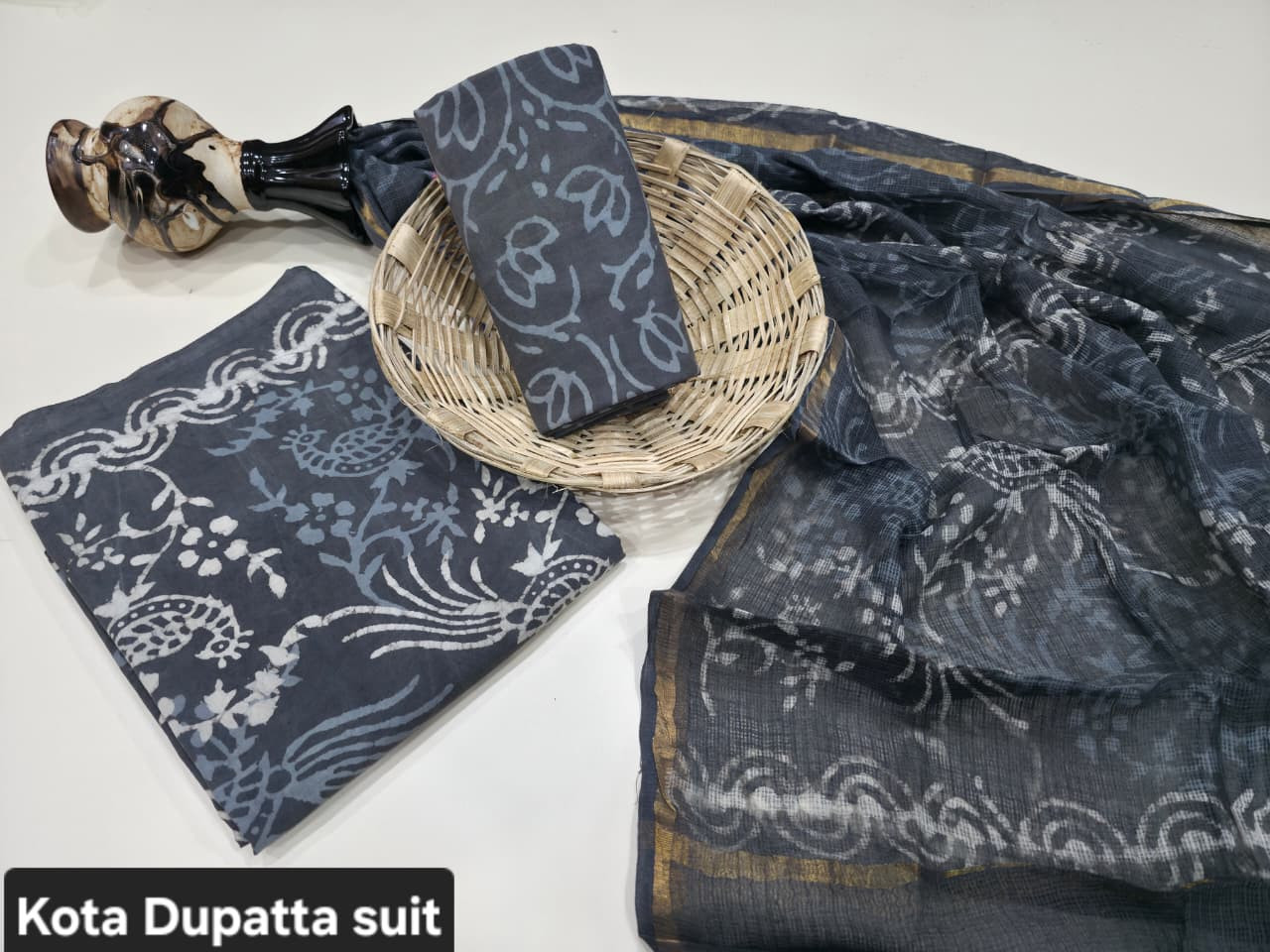 Indigo Dabu Hand Block Print Cotton Suit with a sheer Kota Doria Dupatta.