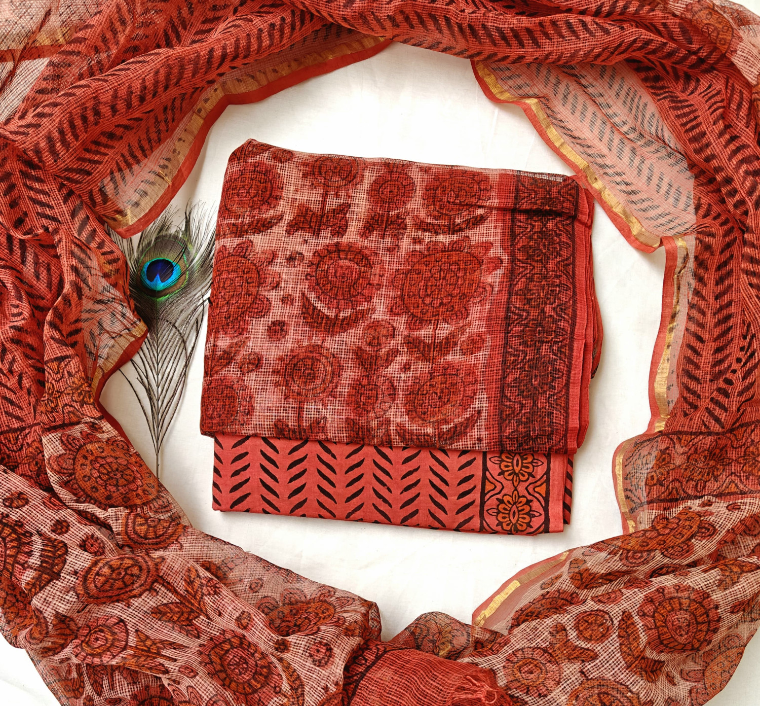 Red and Black Floral/Geometric Handblock Printed Cotton Kota Doria  suit 2.5m top & dupatta and 2.5m cotton cambric bottom