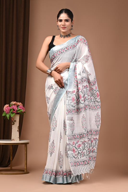 White & Pastel Blue Floral Handblock Printed Linen Saree