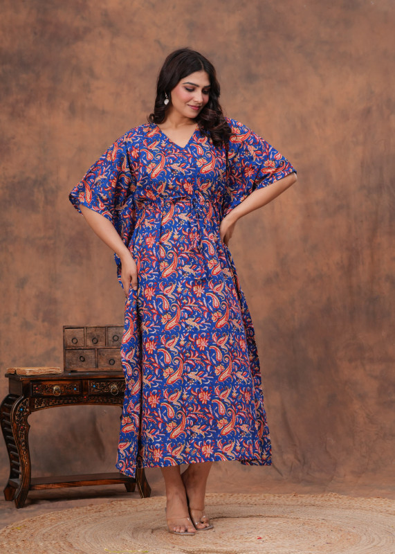 Blue and Red Hand Block Printed Cotton Kaftan