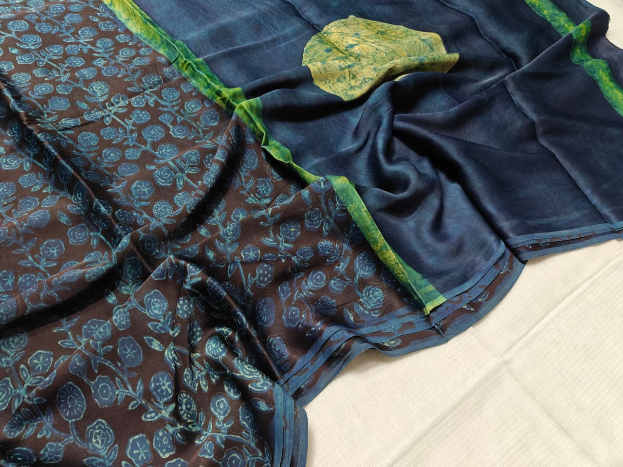 Navy Blue Lime Green Border Ajrakh Hand Block Printed Modal Silk Saree