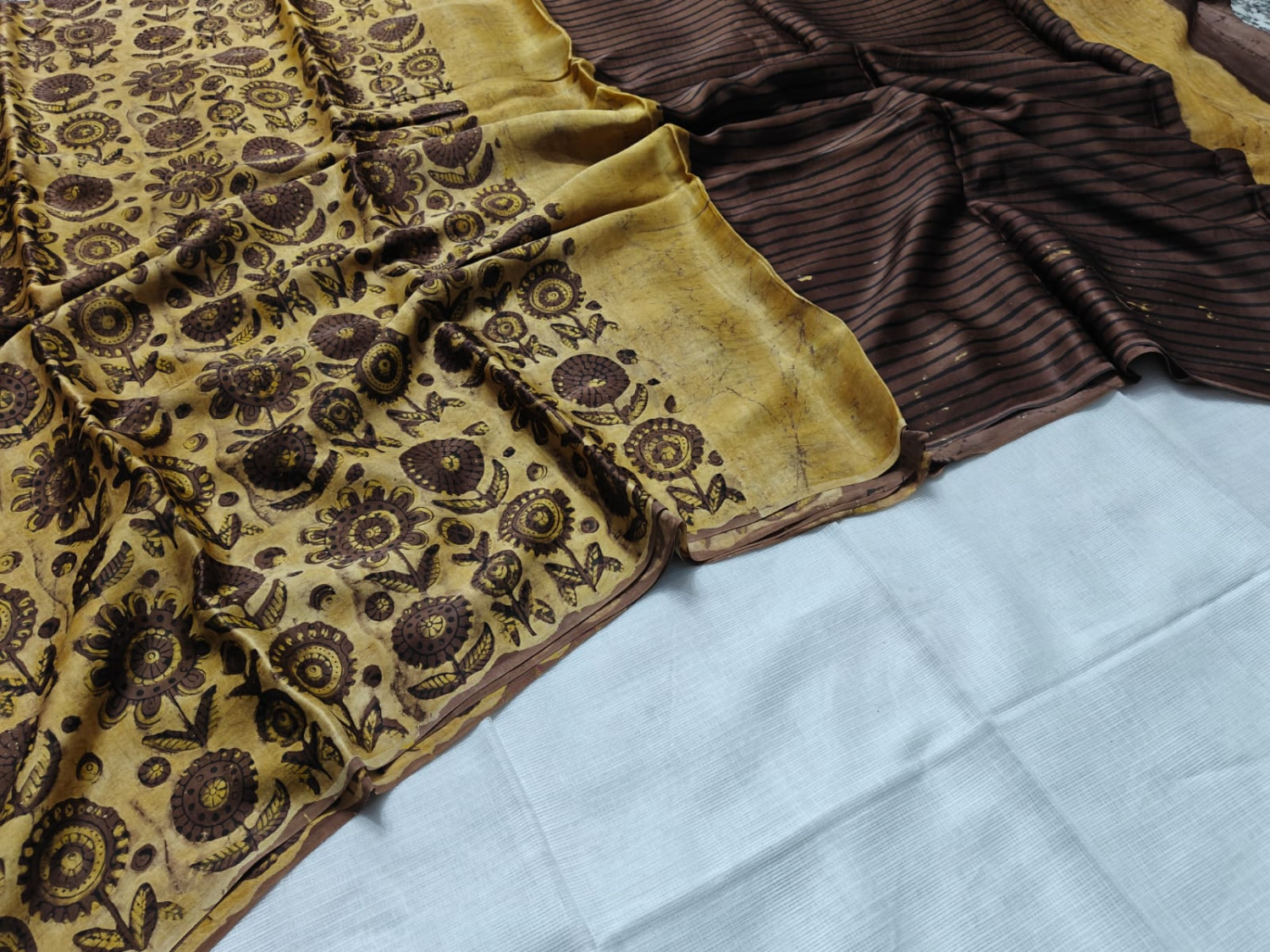 Mustard Yellow & Brown  hand block print  ajrk vanaspati  pure modal silk saree