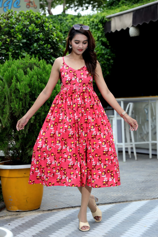 Pink Floral Print Sleeveless Gathered A-Line one pices Dress