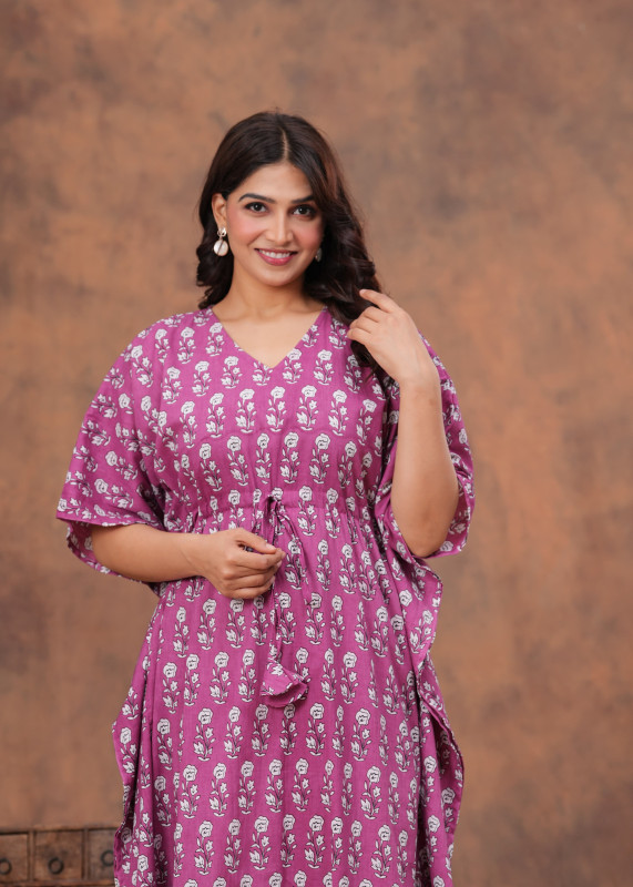 Purple Floral Print Cotton Kaftan Nighty