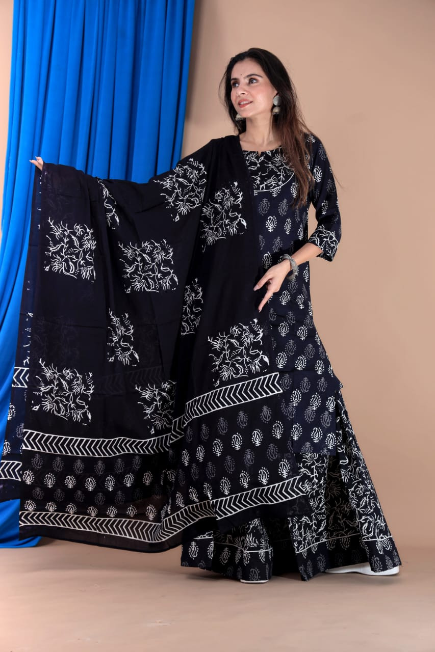 Black and White Hand-Block Printed Anarkali Kurta Set with Dupatta