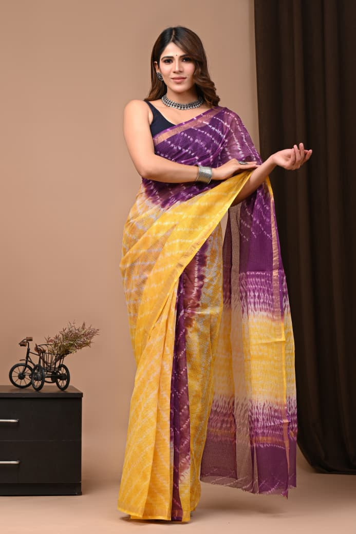 Yellow & Purple Dual Tone Tie-Dye Kota Doria Saree