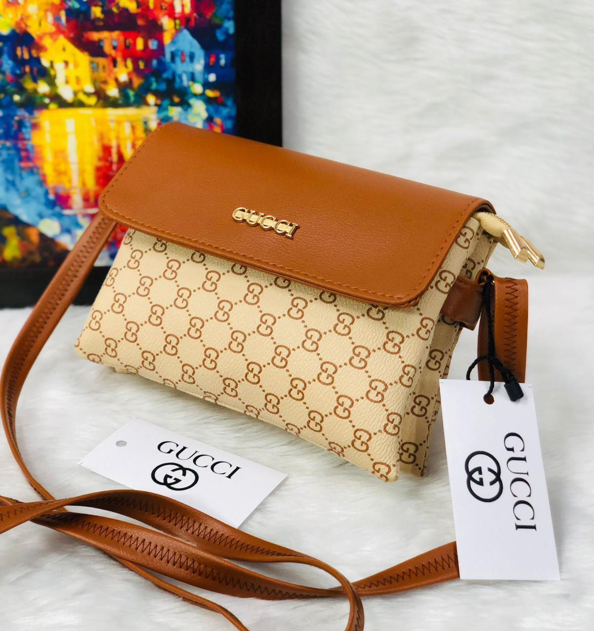 Beige and  light Brown Monogram Faux Leather Flap-Closure Sling Bag.