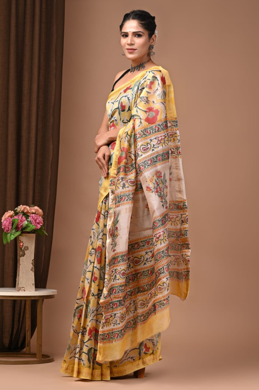 Beige and Yellow Hand Block Printed Maheshwari Silk/Cotton Saree with Zari Border