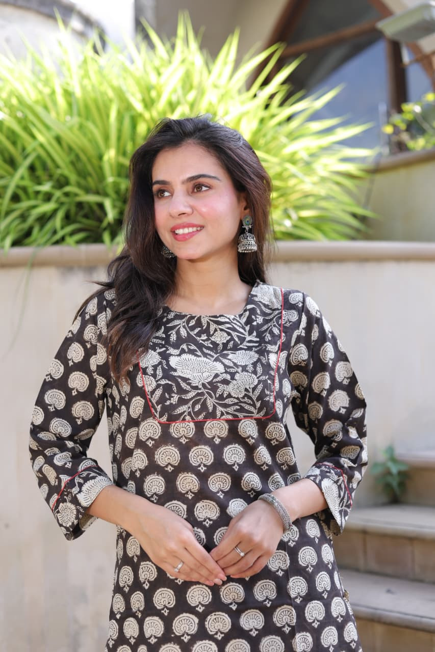 Women's Black & White Hand Block Print Cotton Kurta Set