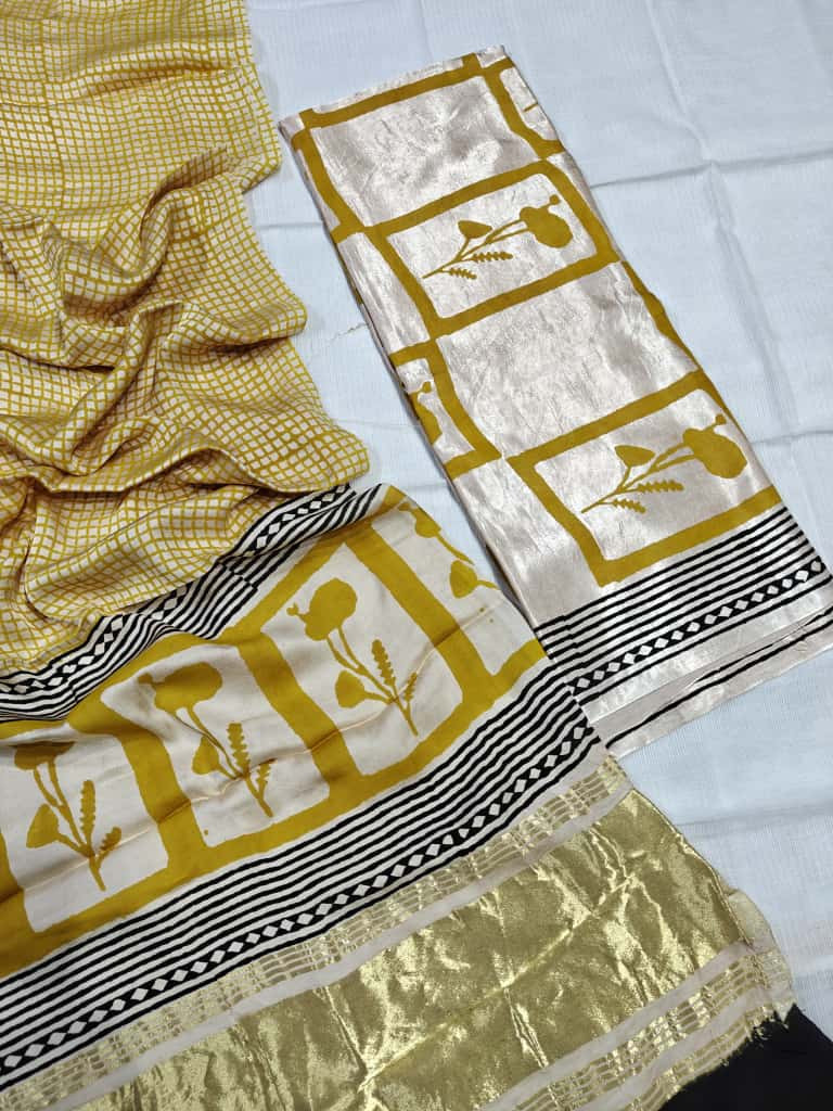 Mustard yellow & cream Chanderi silk saree with black stripes and golden zari border