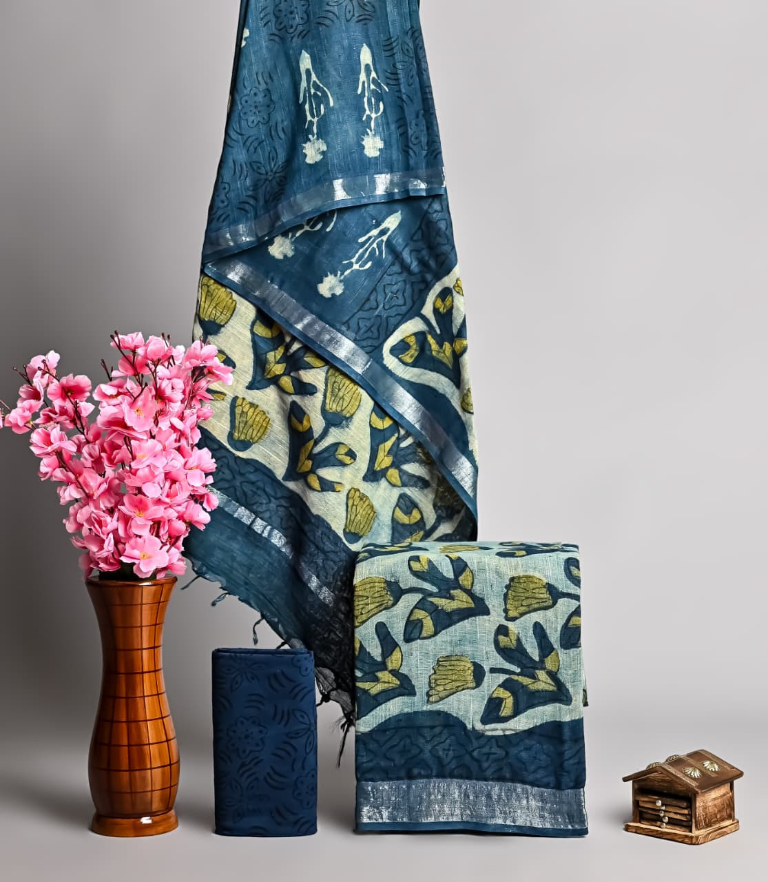 Navy Blue Floral Hand Block Printed Suit with Zari Border