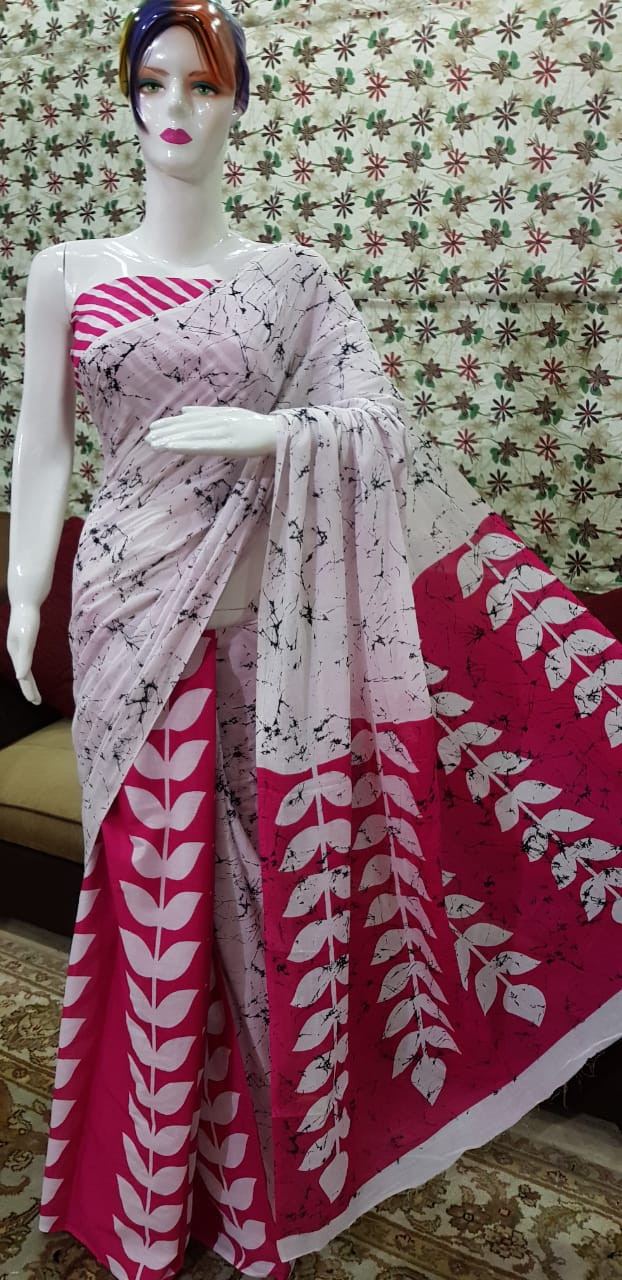 Light Blush and Magenta Batik Cotton Saree with Traditional White Leaf Vines.