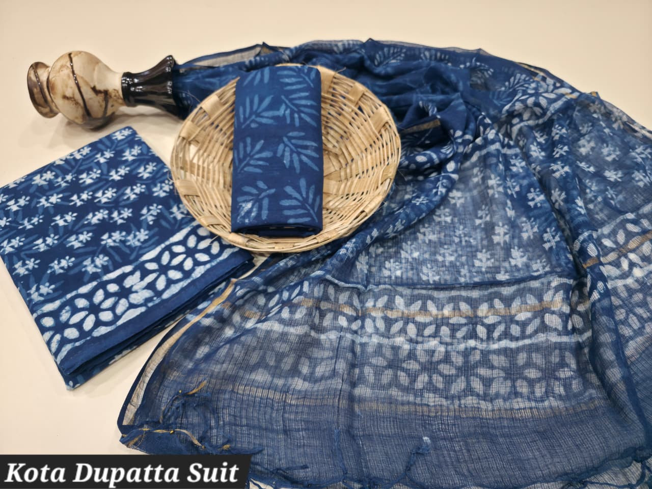Indigo Blue Dabu Print Cotton Top Bottom with Kota Doria Dupatta Unstitched Suit Set
