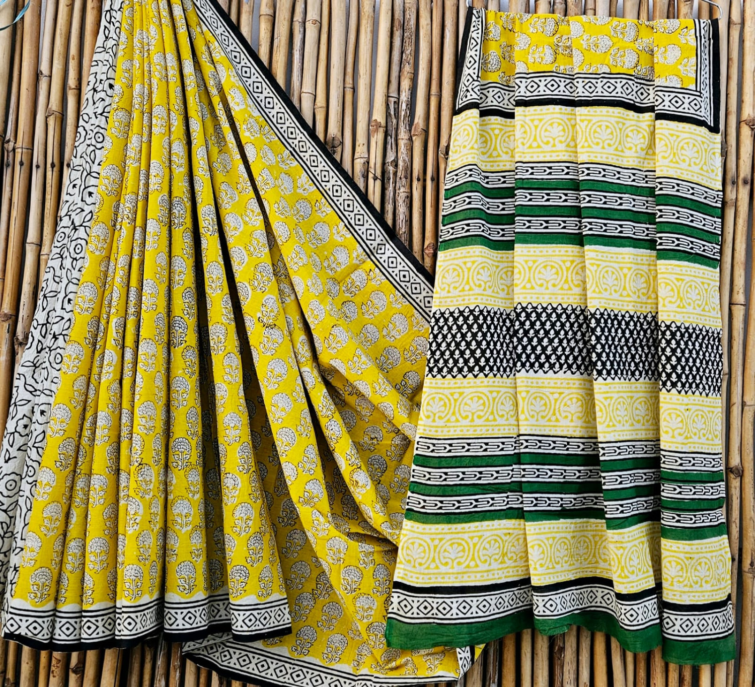 Yellow & Green Hand Block Printed 100% Pure Mulmul Cotton Saree (6.5 Mtrs, 92*80)