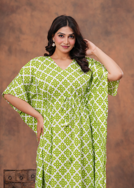 Green and White Geometric Print Kaftan