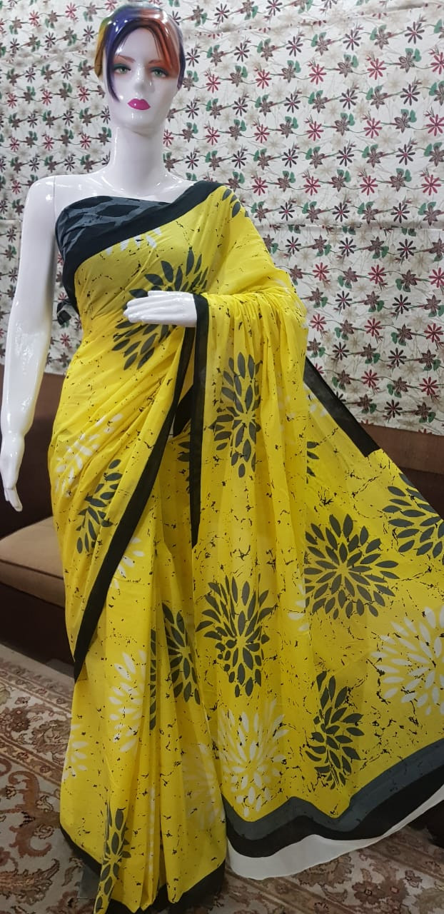 Vibrant Sun Yellow and Slate Grey Batik Floral Cotton Saree with Solid Black Border.