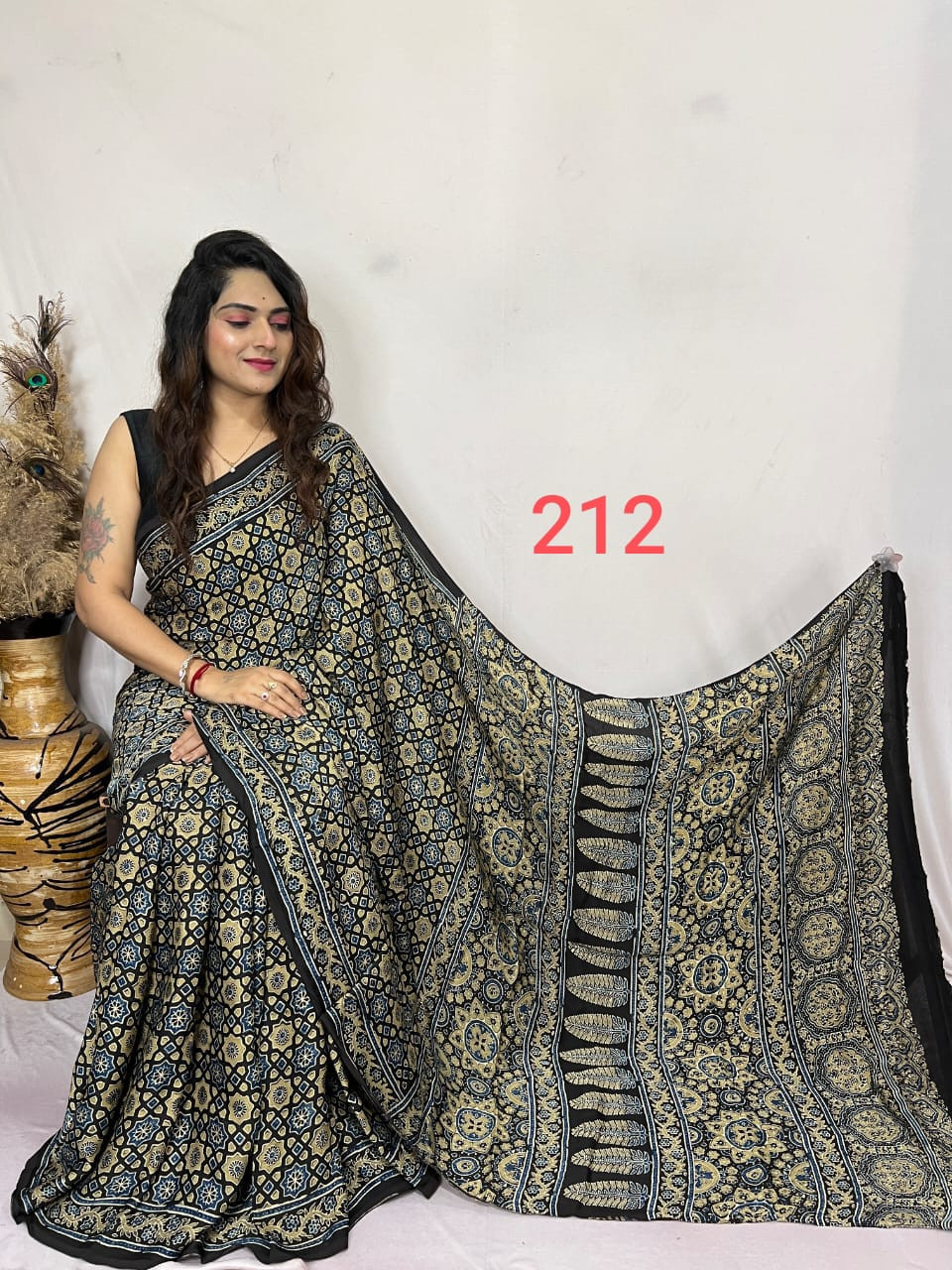 Black Modal Silk Ajrakh Print Saree