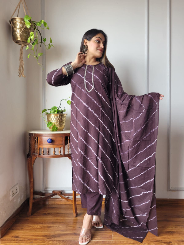 Maroon Leheriya Printed Cotton Suit Set