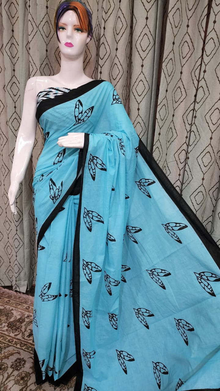 Blue and Black Bird  Screen Print Cotton Saree
