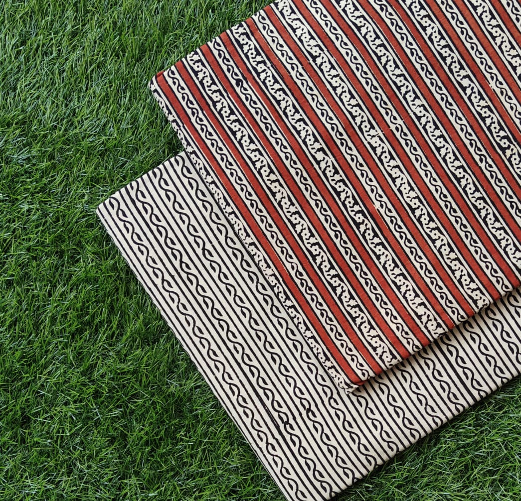 Rust Ivory Stripes – Cotton (60×60) Cambric Bagru Dabu Line & Chain Print Suit Set | Top 2.50 MTR + Bottom 2.50 MTR