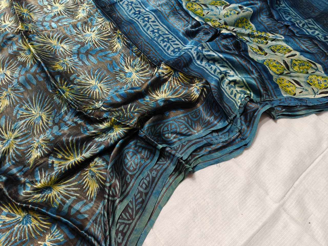 Teal Blue Ajrakh Floral Hand Block Print Pure Modal Silk Saree