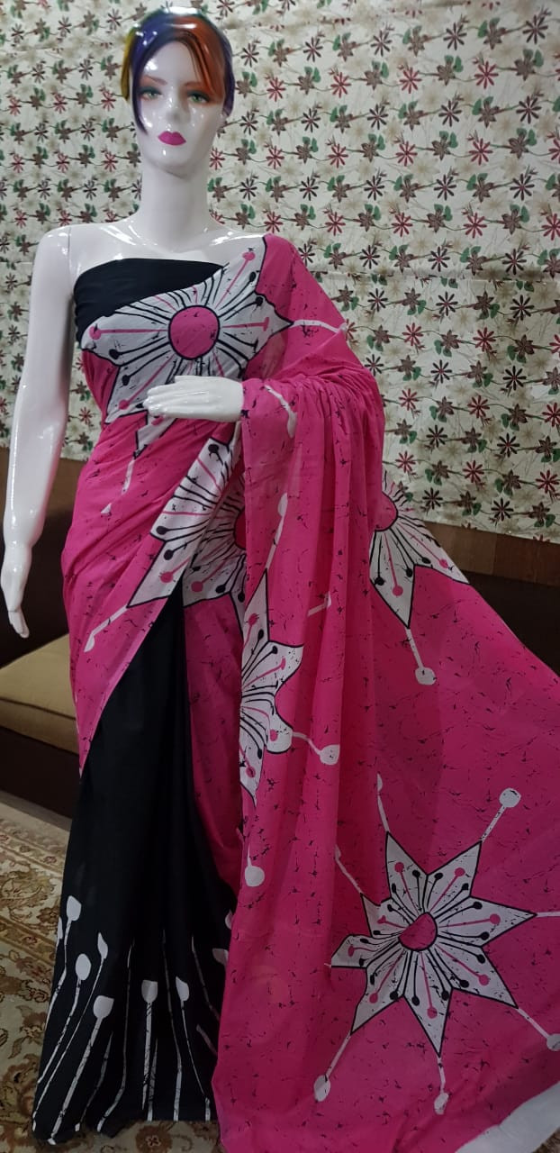 Vibrant Magenta Pink and Black Batik Cotton Saree with Large Starburst Floral Motifs.