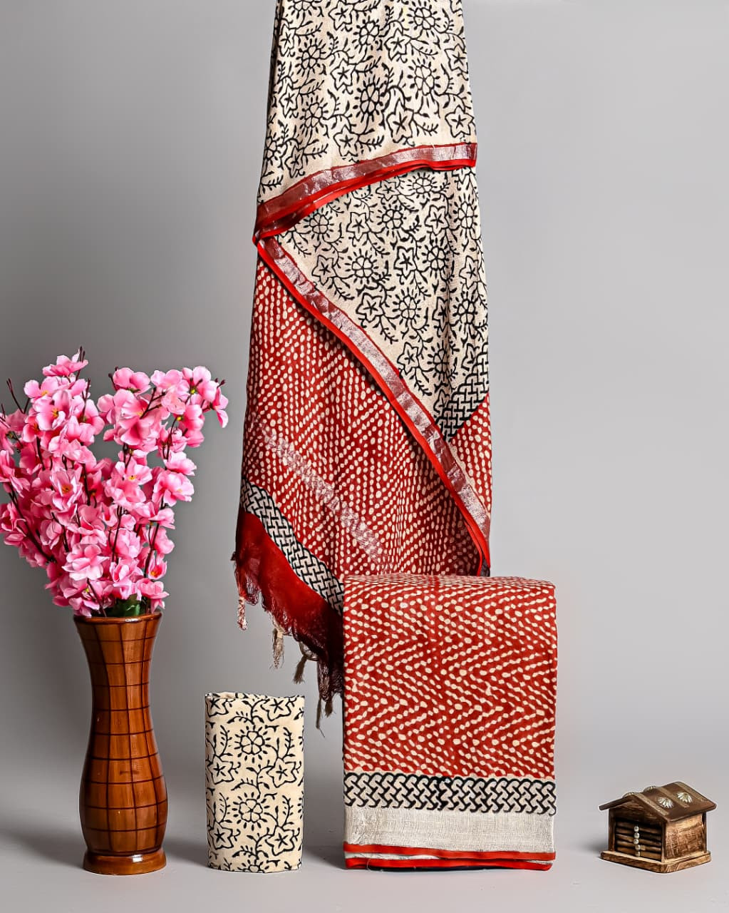 Red, Black, and Off-White Hand Block Printed Cotton Unstitched Suit Set