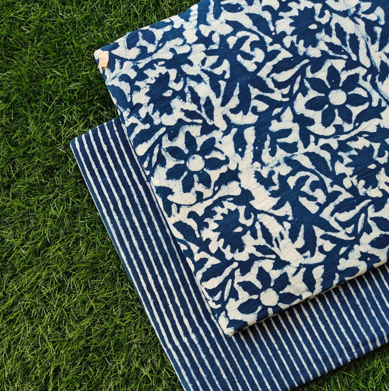 Navy Blue & White Floral Handblock Printed Cotton Suit Set Top 2.50 MTR +Bottom 2.50 MTR