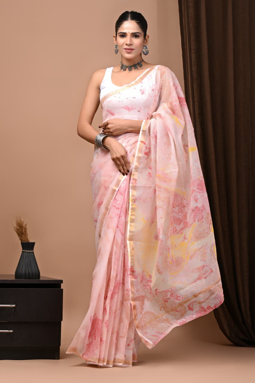 Pink Marble/Abstract Print Organza Saree