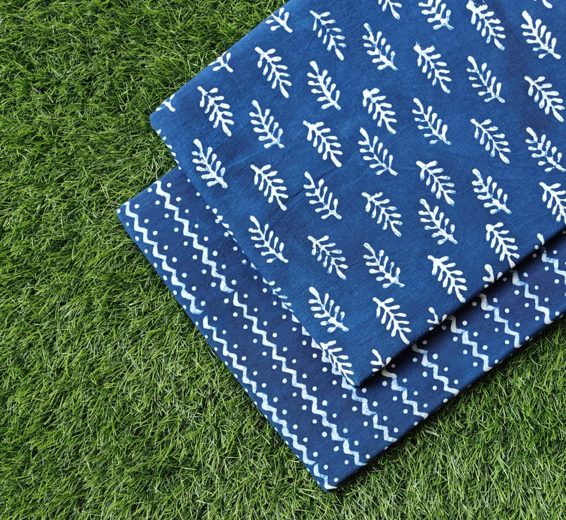 Indigo Blue Dabu & Bagru Hand-Block Printed Cotton (60/60) Cambric Unstitched Suit Fabric Set