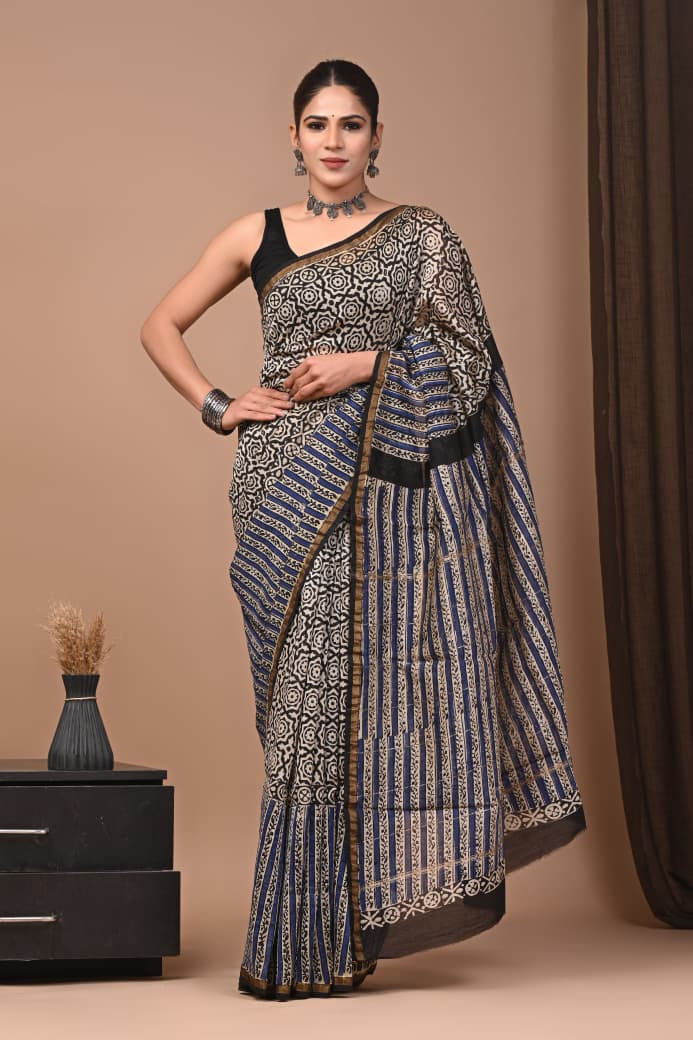 Azure Twilight: Hand-Block Printed Maheshwari Cotton-Silk Saree in Navy Blue & Beige