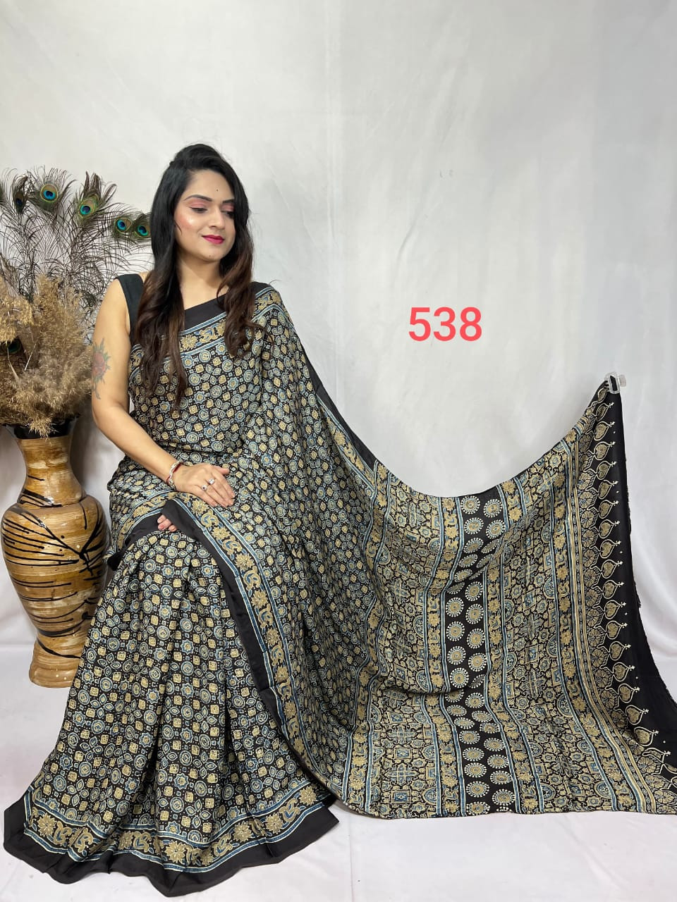 Black Modal Silk Ajrakh Print Saree