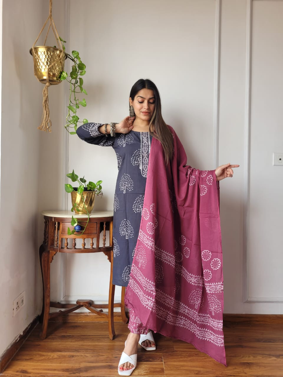 grey and maroon hand block printed cotton kurta, pants, and dupatta suit set