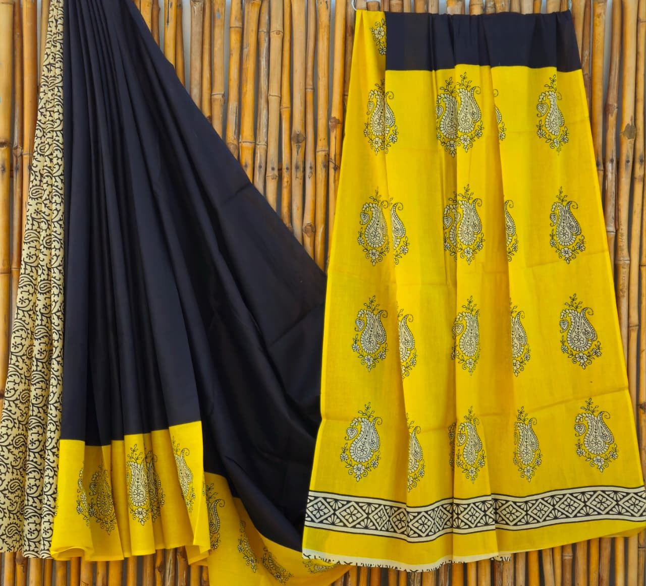 Black Kalamkari Hand-Block Printed Mulmul Cotton Saree with Blouse (6.5 Meters, 92*80, 100% Pure Cotton Fabric)
