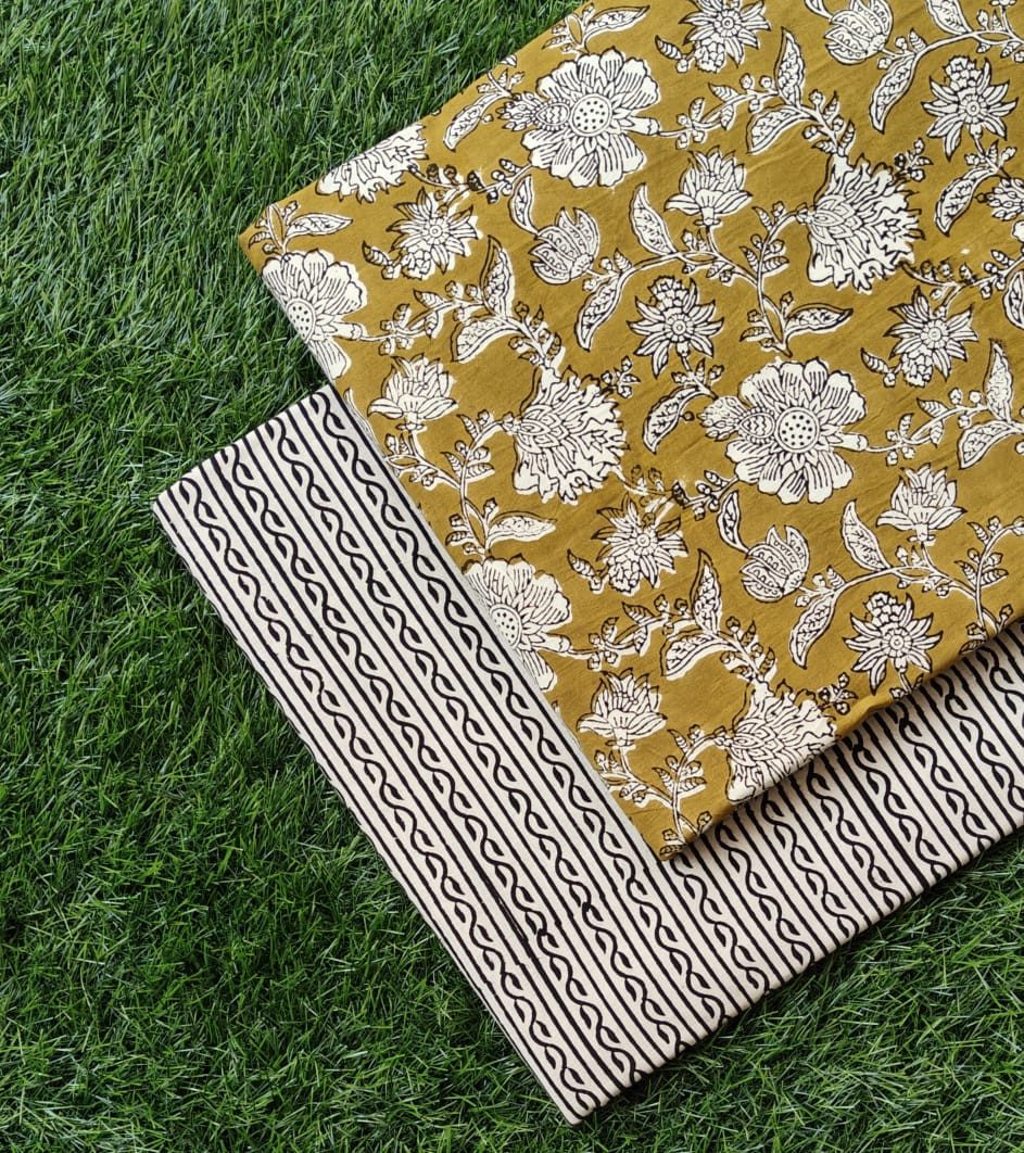 Mustard Bloom Harmony – Cotton (60×60) Cambric Bagru Dabu Floral & Stripe Print Suit Set | Top 2.50 MTR + Bottom 2.50 MTR