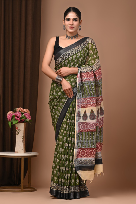 Olive Green and Multicolor Hand Block Printed Cotton Saree with Black Border and Patterned Pallu