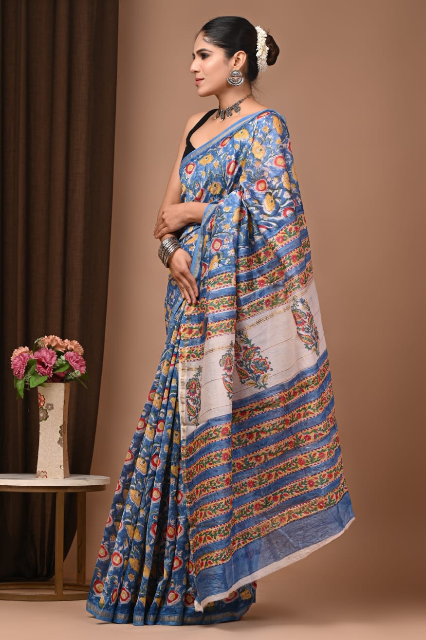 Ocean Bloom: Hand-Block Printed Maheshwari Silk-Cotton Saree in Sky Blue & Pink
