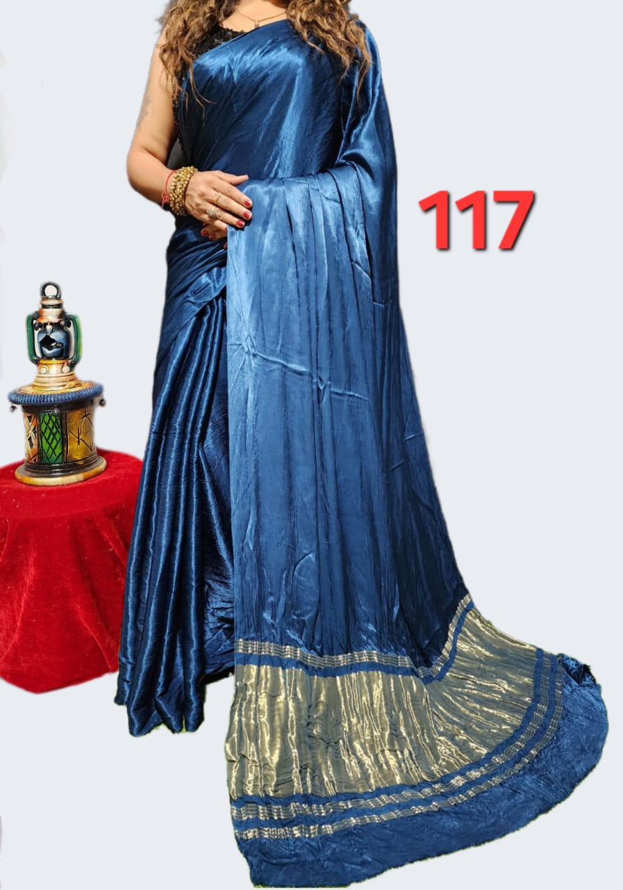 Navy Blue Modal Silk Plain Dyed Saree with Elegant Gold Zari Border