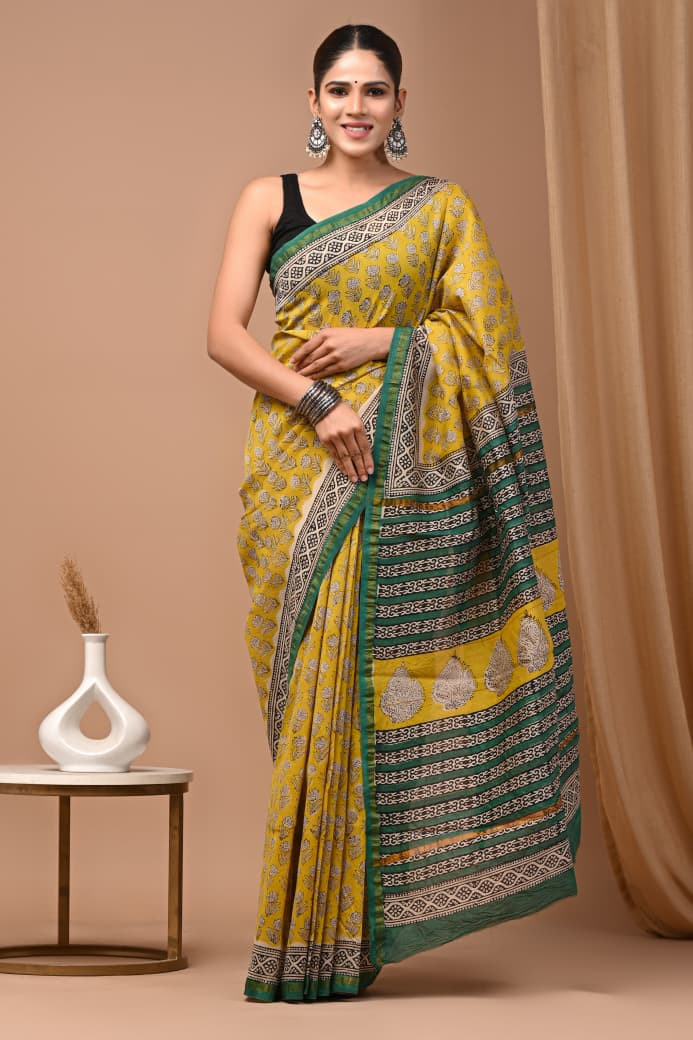 Golden Grove: Hand-Block Printed Maheshwari Cotton Silk Saree in Mustard Yellow & Forest Green