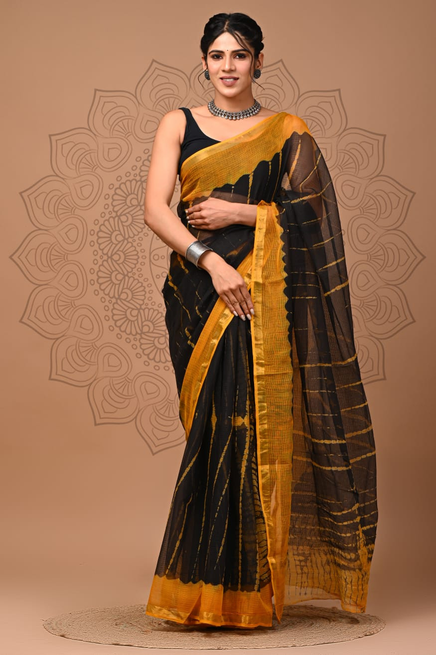 Black & Yellow Hand Block Print Kota Doria Saree - 5.5m Length, 80cm Blouse