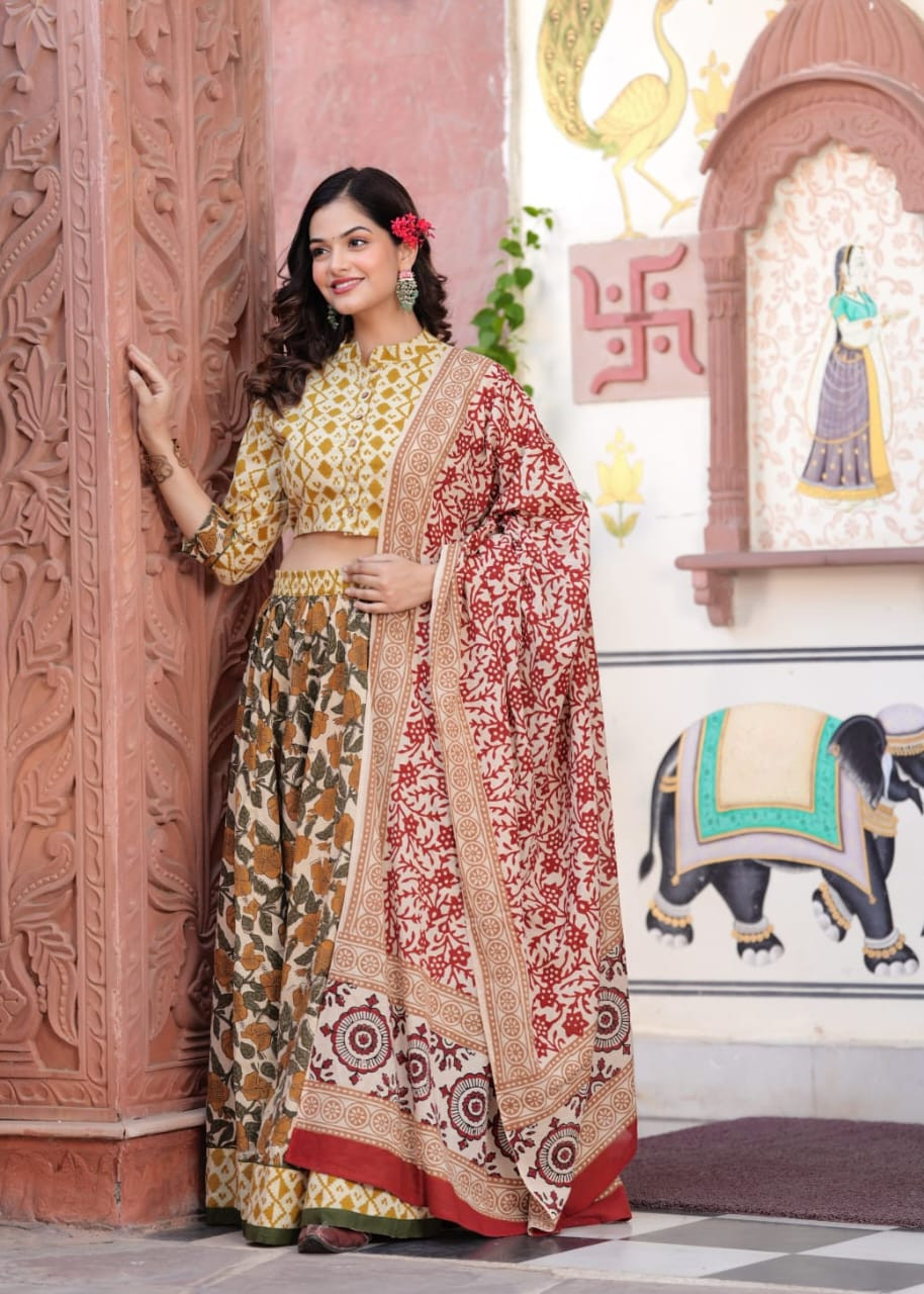 Yellow and Maroon Rajasthani Block Printed Cotton Lehenga Choli with a coordinated Maroon Floral Dupatta.