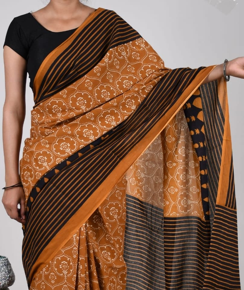 Mustard yellow and black hand block printed mulmul cotton saree.