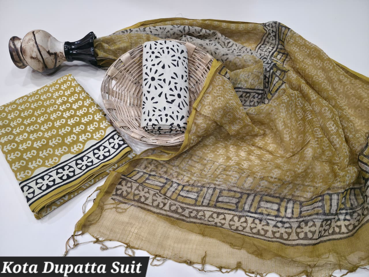 Ochre brown Dabu Hand Block Printed Cotton Suit with Kota Doria Dupatta